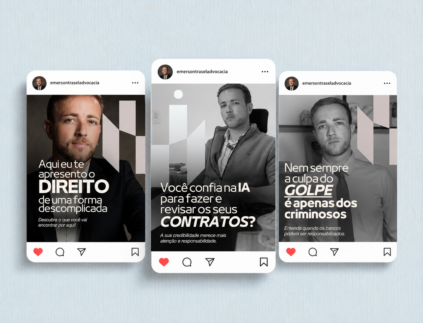 Três posts do Instagram @emersontraseladvocacia